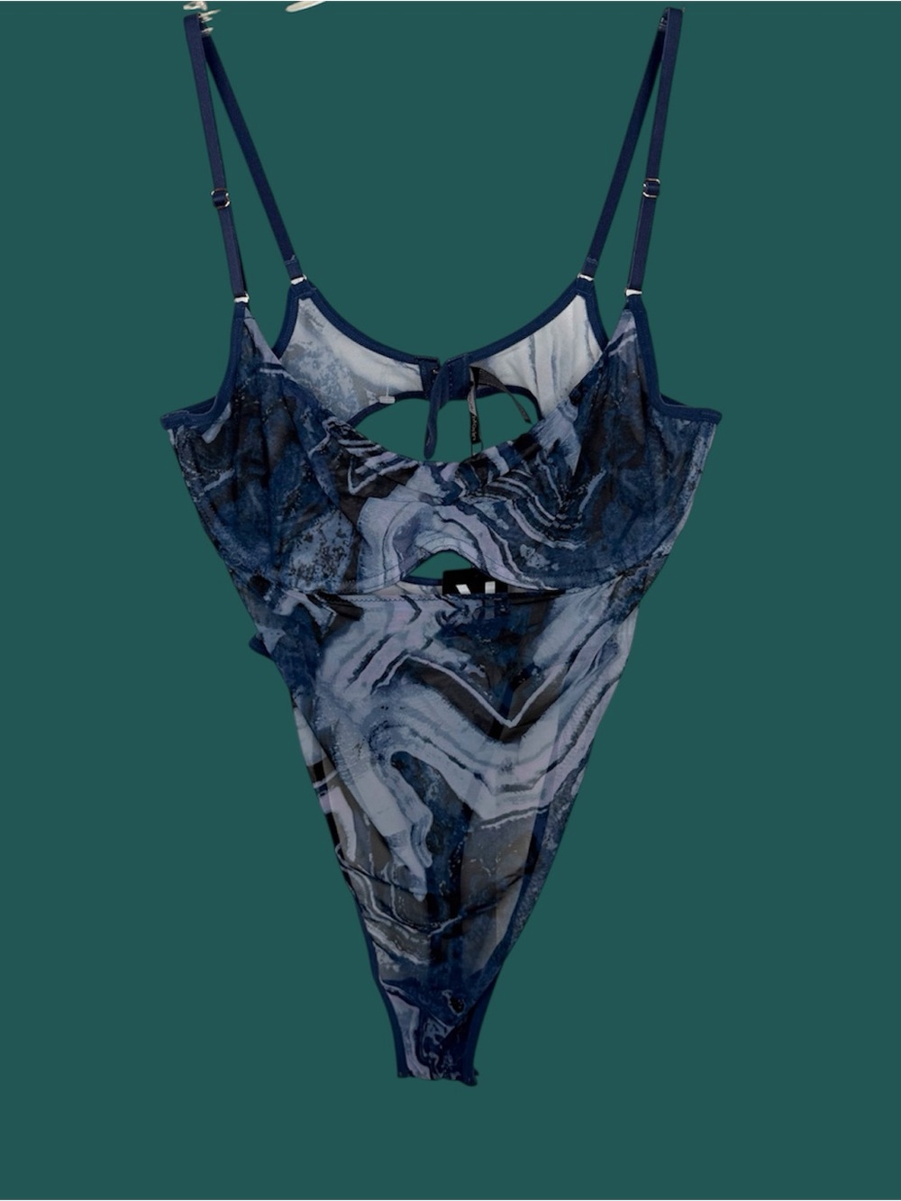 Monique Morin Storm Mesh Sheer Underwire Thong Bodysuit Blue Sz M NWT